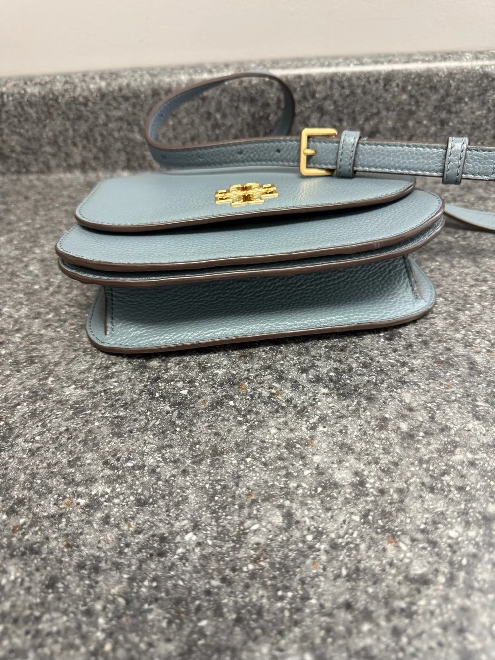 NWOT Tory Burch Britten Logo Saddle Bag Slate Blue/Brunnera Pebble Leather $458